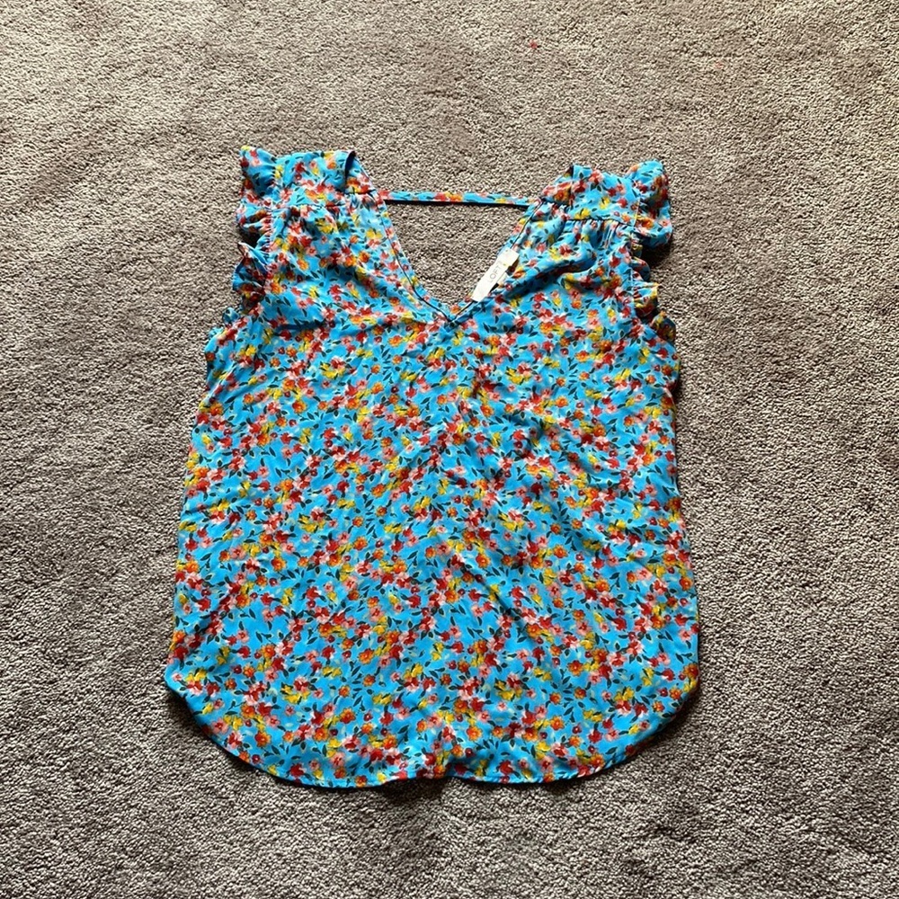 LOFT Blue Floral Ruffle Sleeve Keyhole Back Sleeveless Blouse SIZE S